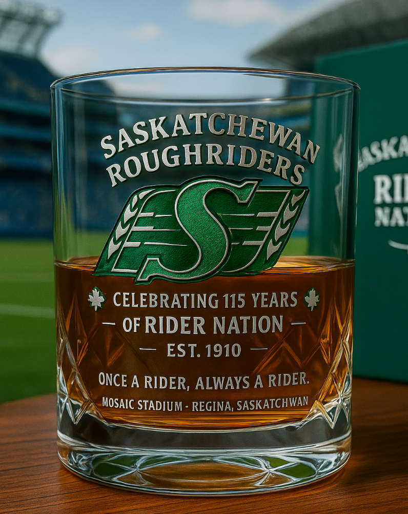 Saskatchewan Roughriders 115th Anniversary Whiskey Glass – Celebrate Rider Nation Since 1910