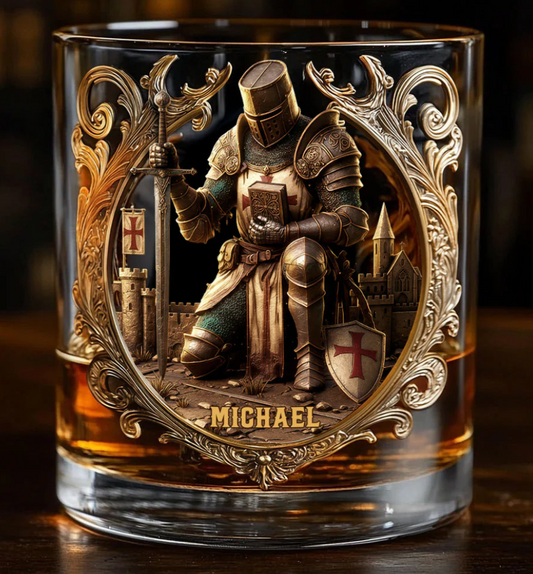 Kneeling Crusader Knight With Sword & Bible - Personalized Christian Whiskey Glass
