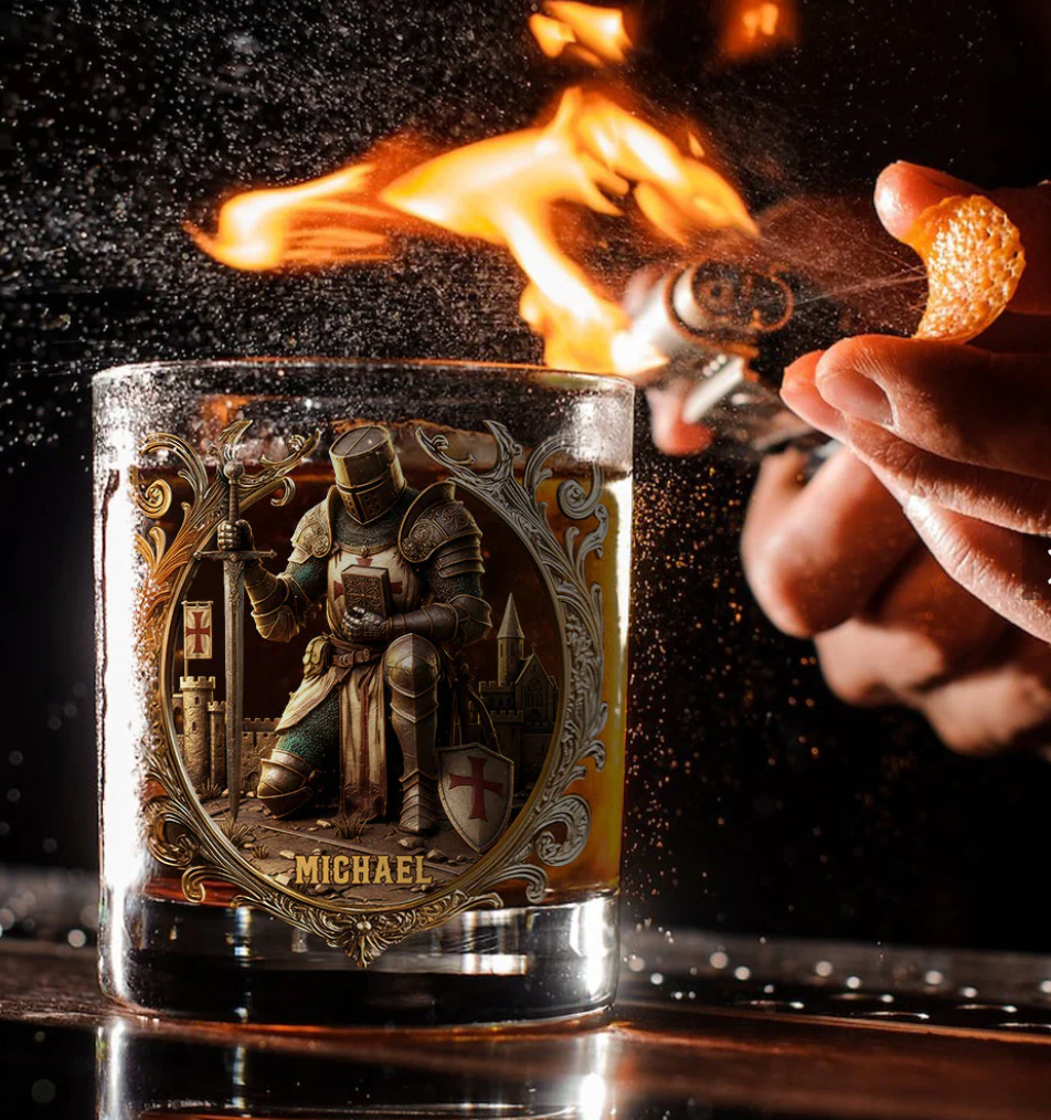 Kneeling Crusader Knight With Sword & Bible - Personalized Christian Whiskey Glass