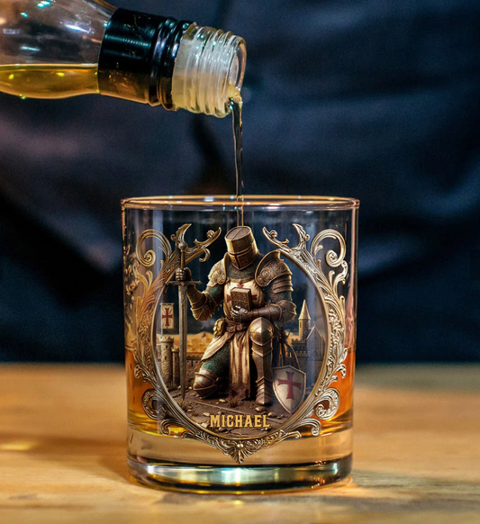 Kneeling Crusader Knight With Sword & Bible - Personalized Christian Whiskey Glass