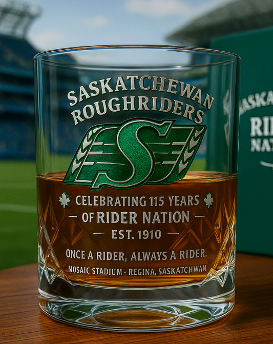 Saskatchewan Roughriders 115th Anniversary Whiskey Glass – Celebrate Rider Nation Since 1910